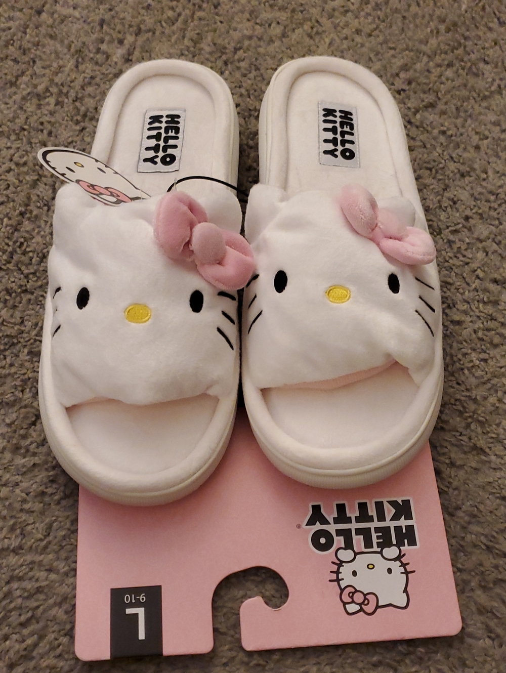 Hello Kitty SANRIO White Plush Slides House Slippers with Pink Bows Large 9 - 10